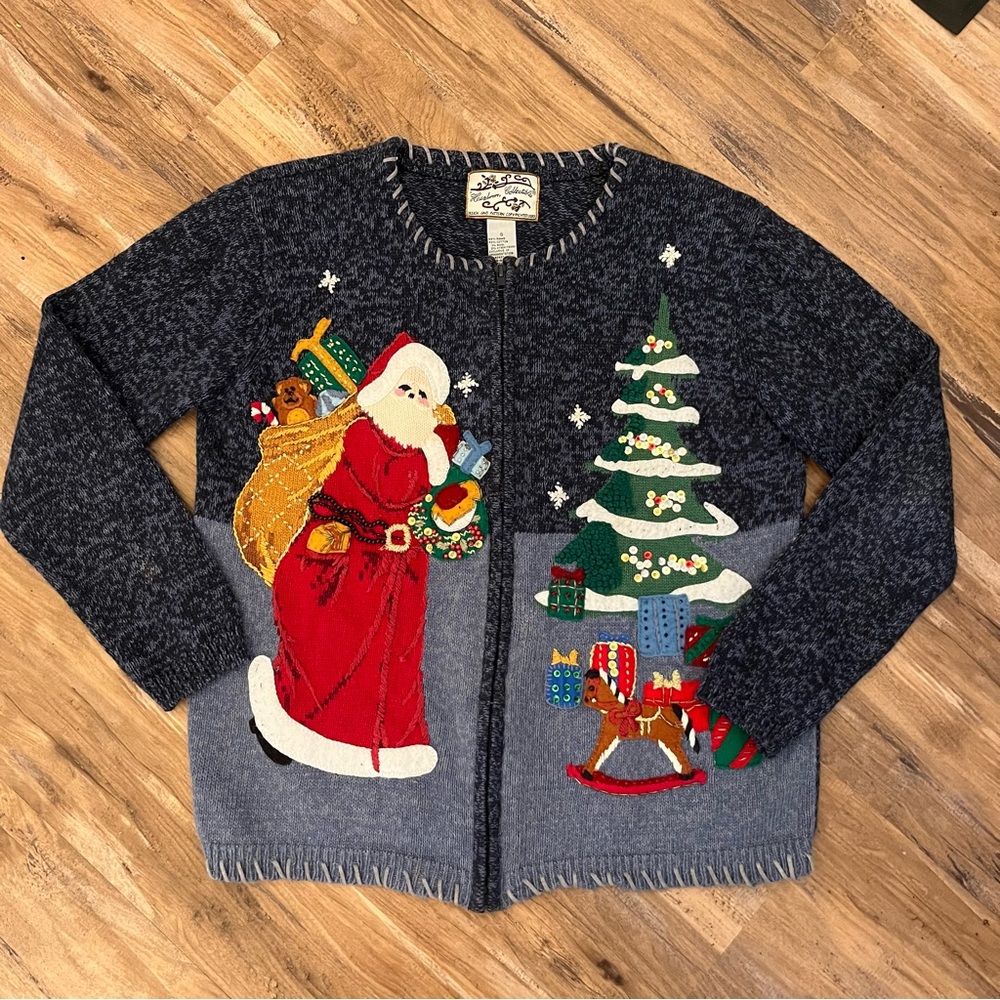 Womens vintage heirloom full zip Santa Claus holiday sweater sz S blue